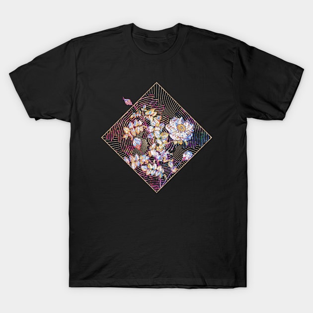 White Burnet Roses Floral Rainbow Mosaic T-Shirt by Holy Rock Design